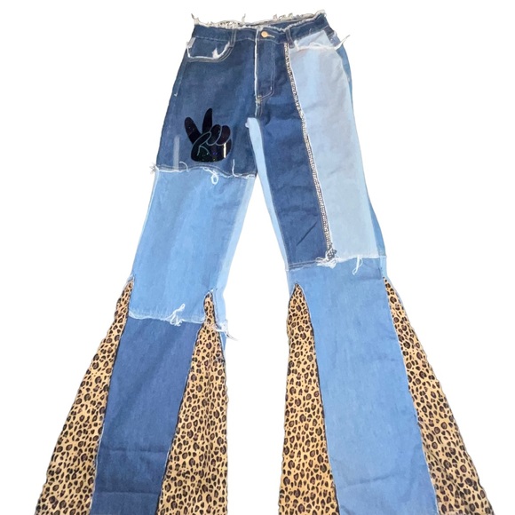 Upcycled Denim Jeans Bell Bottom Size Medium Leopard Raw Edges Handmade Retro - Picture 2 of 6
